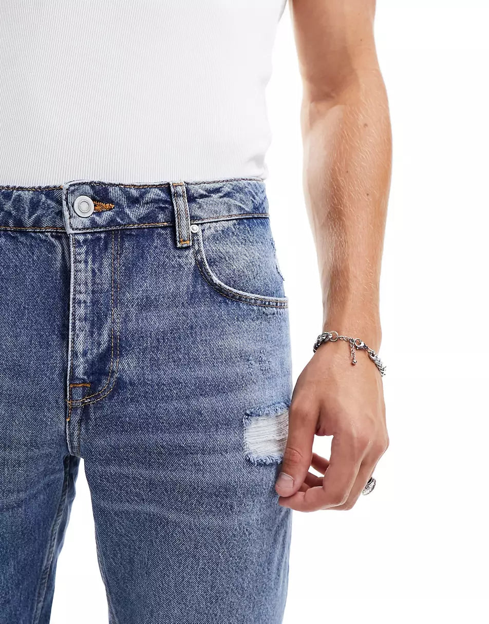 SLIM JEANS IN VINTAGE MID BLUE WITH RIPS