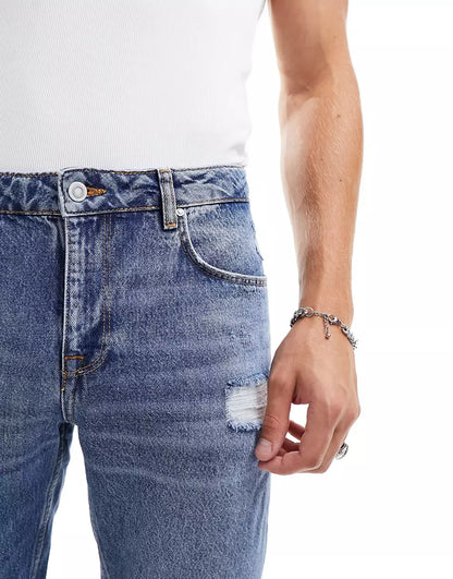 SLIM JEANS IN VINTAGE MID BLUE WITH RIPS