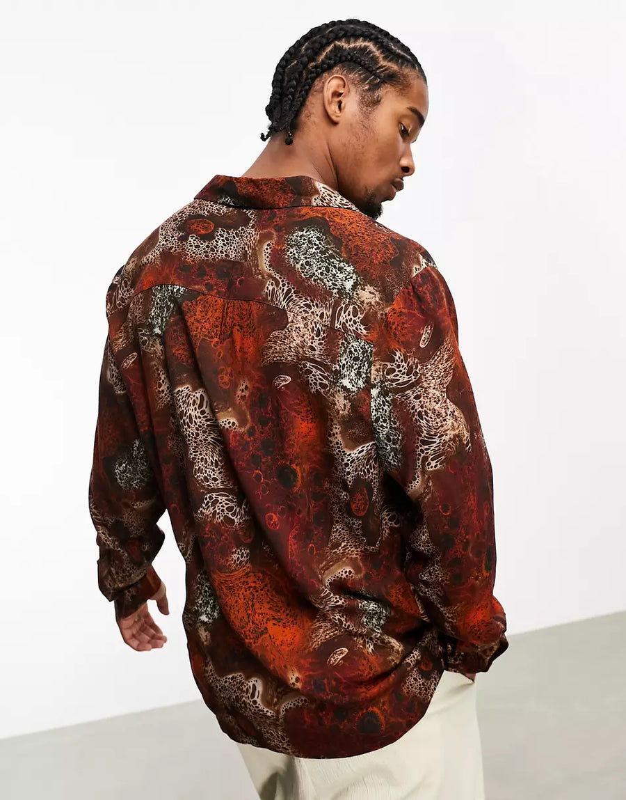 RELAXED DEEP REVERE SHIRT IN BROWN ABSTRACT ANIMAL PRINT