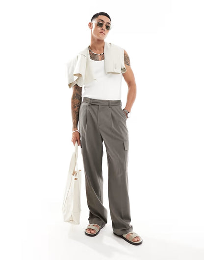 MART WIDE LEG CARGO TROUSERS IN BROWN MICROTEXTURE