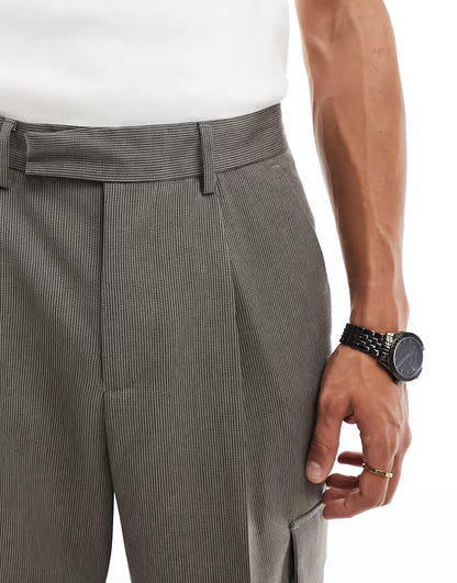 MART WIDE LEG CARGO TROUSERS IN BROWN MICROTEXTURE