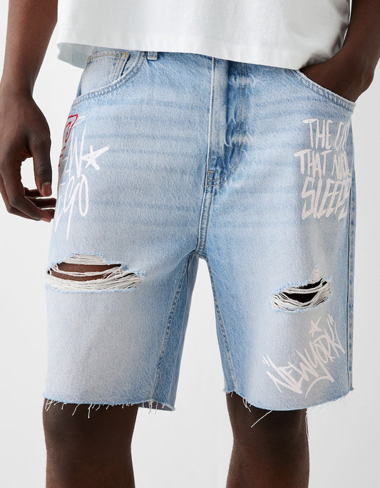 PRINTED DENIM BERMUDA SHORTS