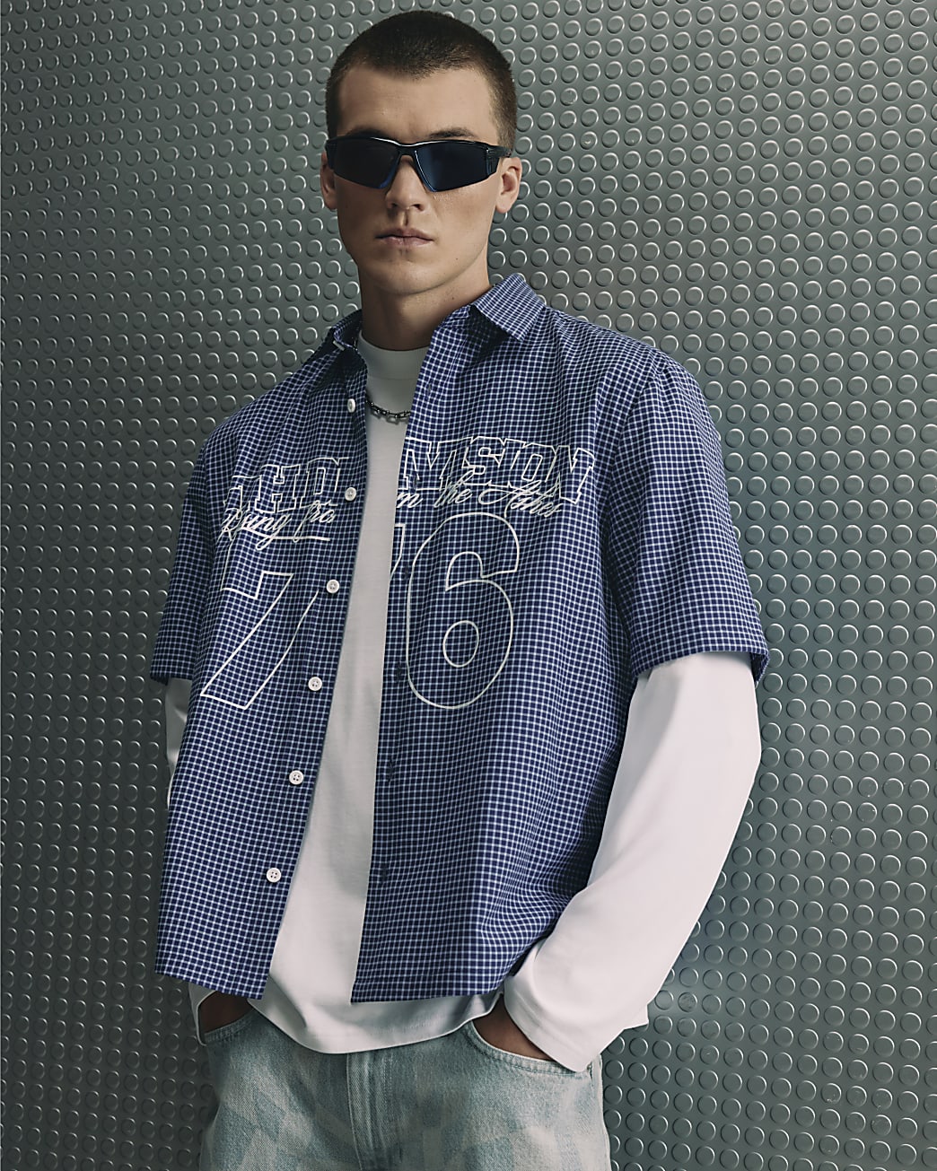NAVY REGULAR FIT 76 CHECK COTTON BLEND SHIRT