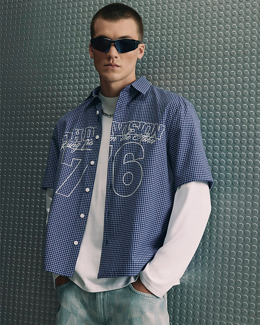 NAVY REGULAR FIT 76 CHECK COTTON BLEND SHIRT