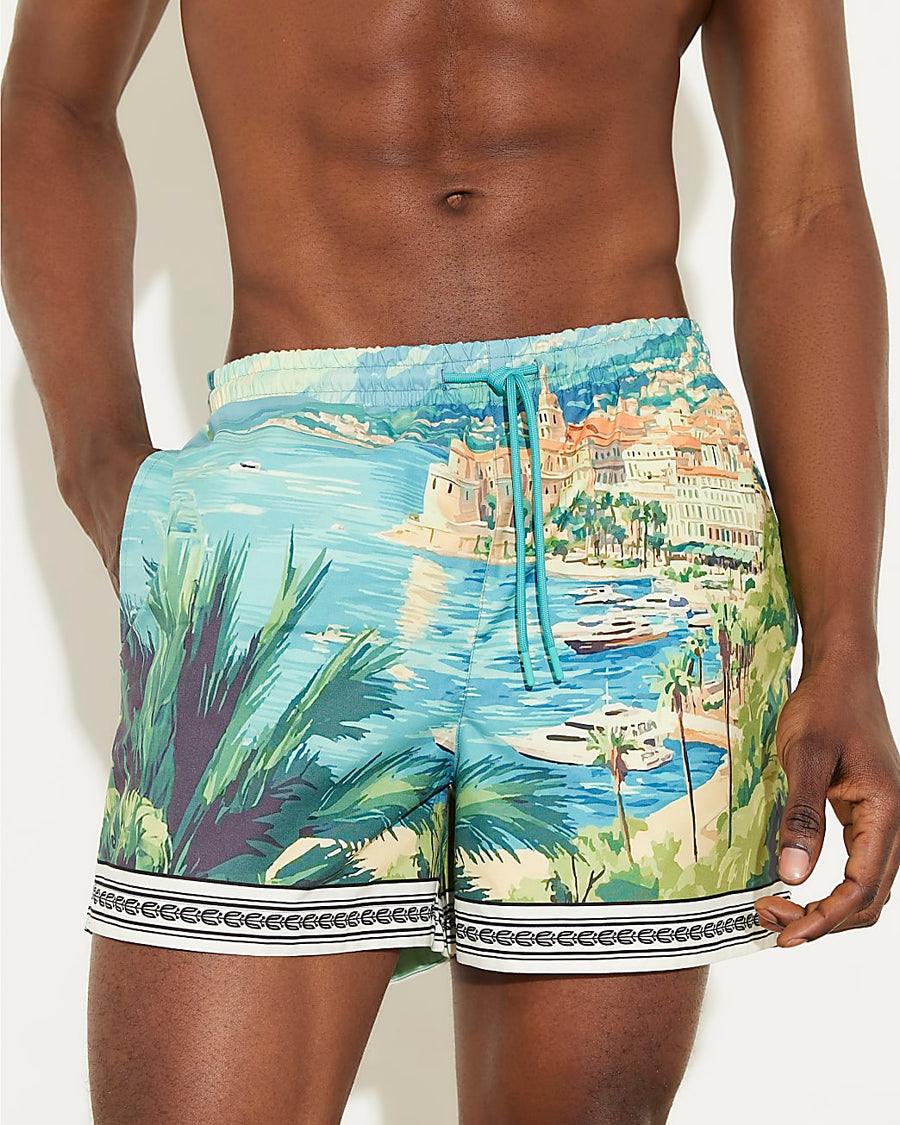 BLUE MOONSTONE SCENIC BORDER SWIM SHORTS