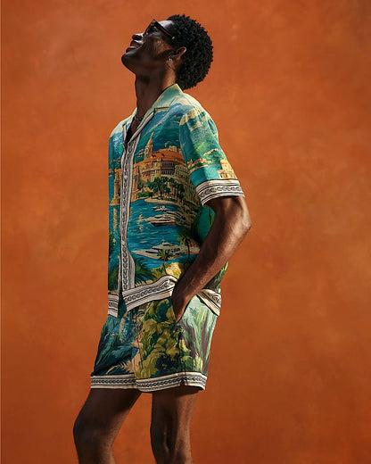 BLUE MOONSTONE SCENIC BORDER SWIM SHORTS