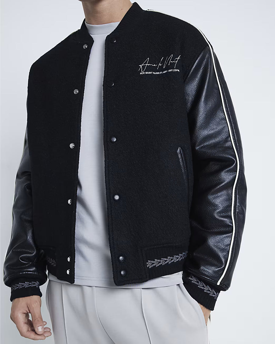 BLACK BOUCLE AIME LE NUIT PRINT BOMBER JACKET