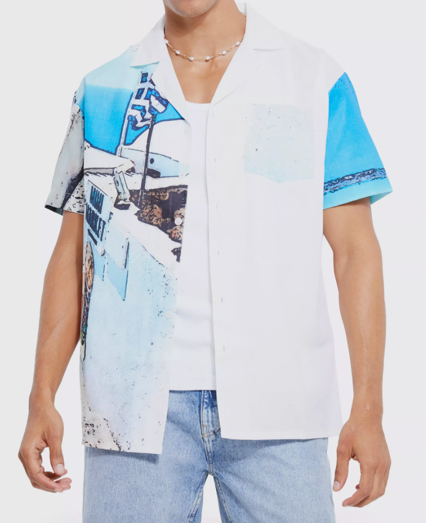 SHORT SLEEVE OVERSIZED SLUB SPLICED PHOTO SHIRT