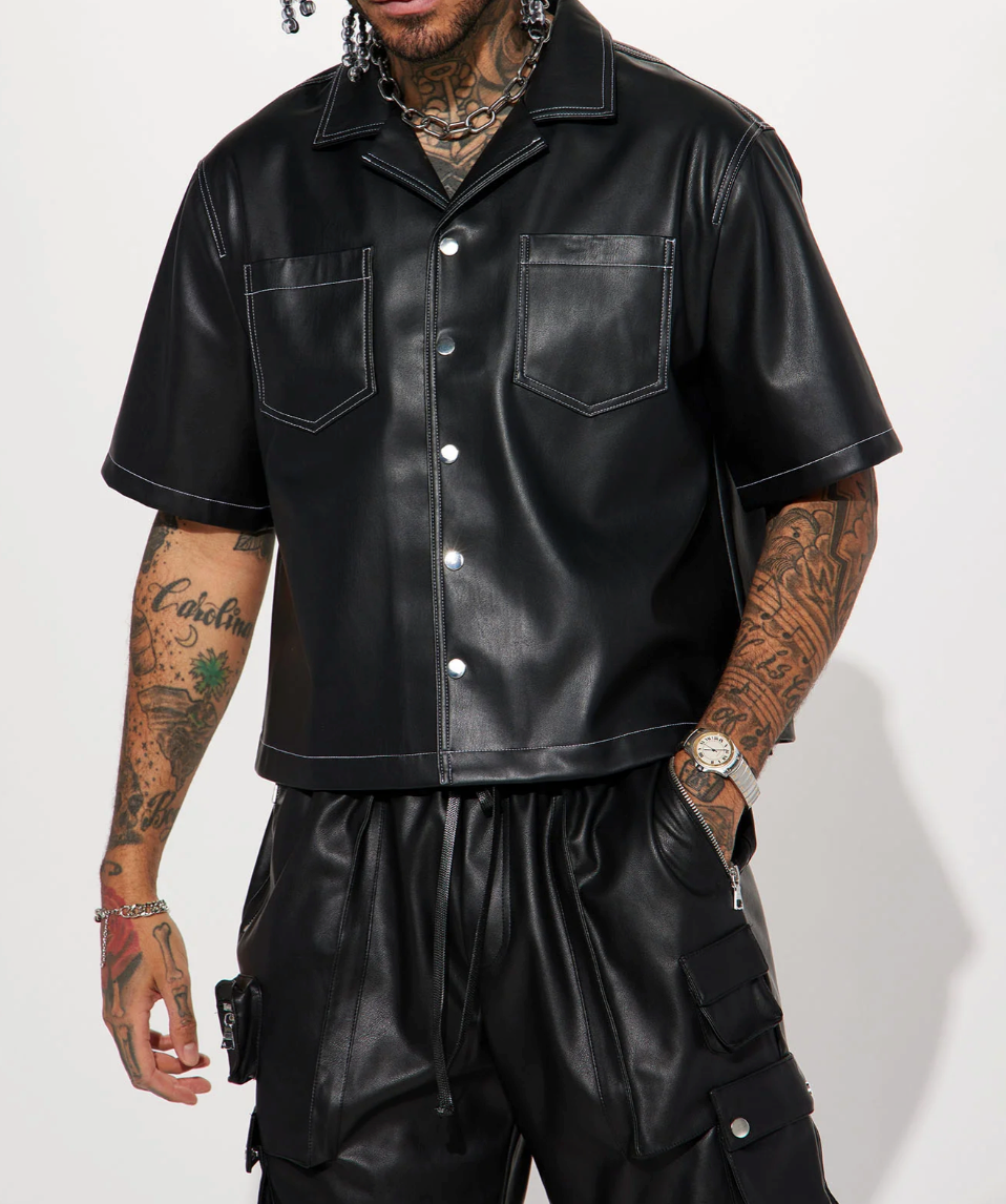 SIMPLE TIMES FAUX LEATHER SHORT SLEEVE SHIRT