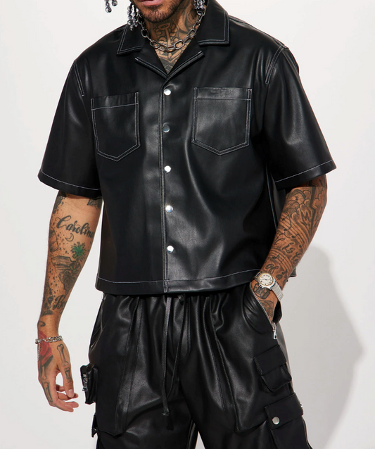 SIMPLE TIMES FAUX LEATHER SHORT SLEEVE SHIRT