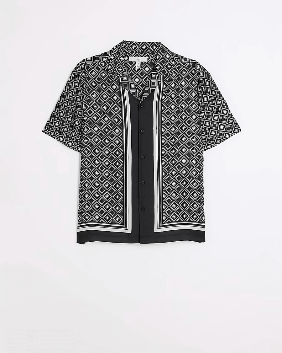 BLACK REGULAR FIT GEO PRINT REVERE SHIRT
