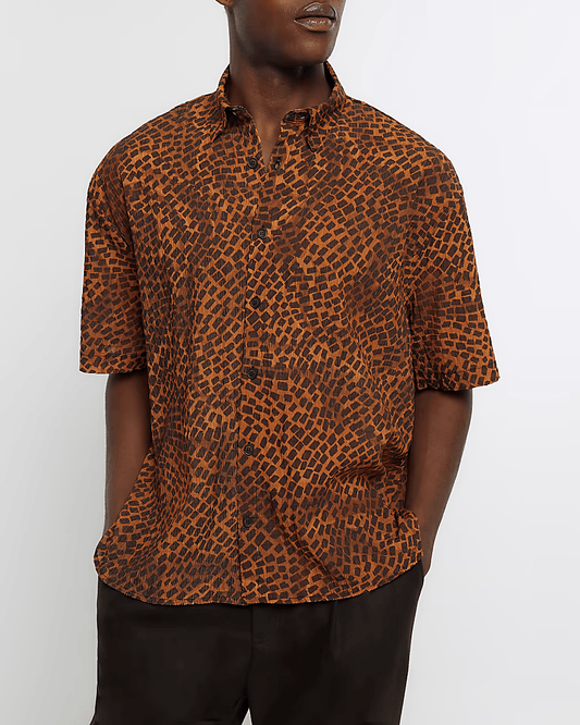 BROWN BOXY FIT SQUARE PRINT SHIRT