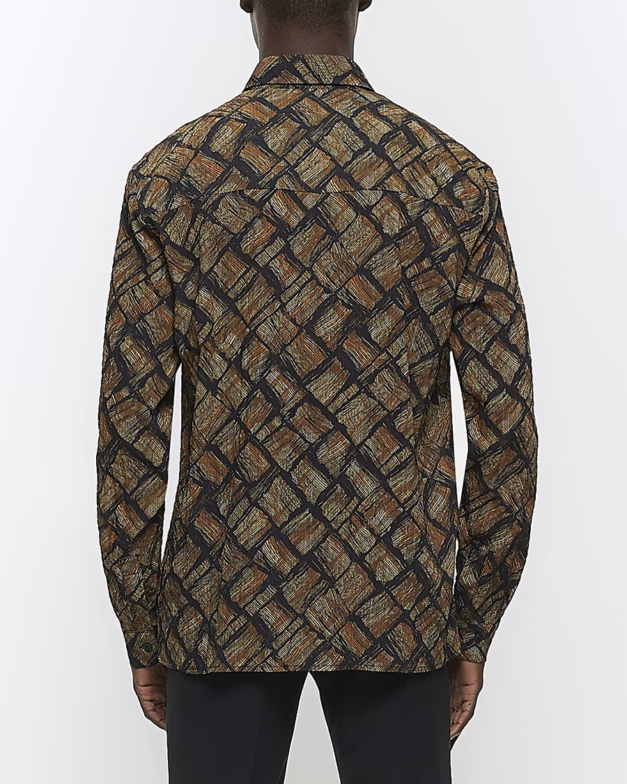 BROWN REGULAR FIT BRICK TEXTURE SHIRT