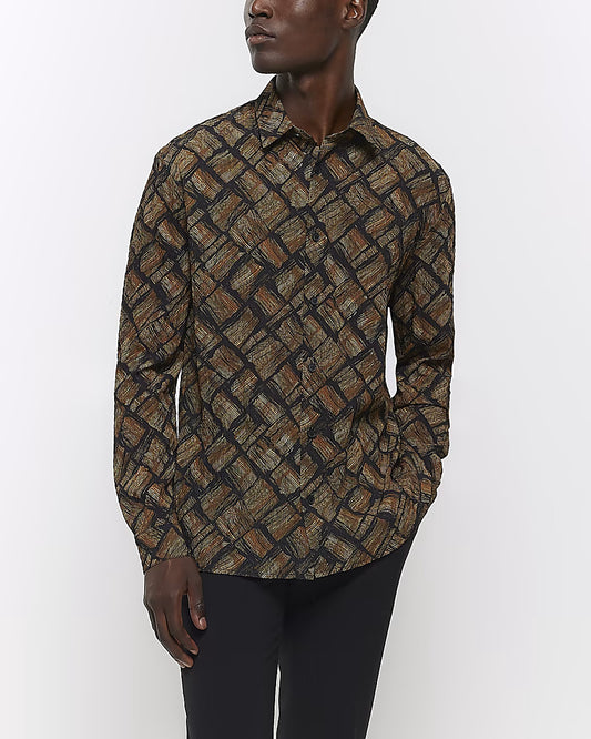 BROWN REGULAR FIT BRICK TEXTURE SHIRT