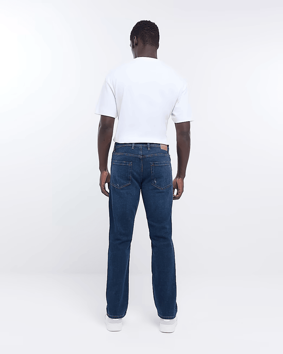 DARK BLUE STRAIGHT FIT RIPPED JEANS