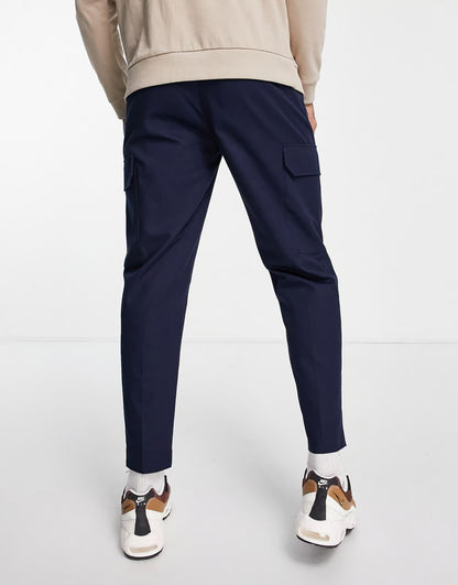 TAPERED CARGO TROUSERS WITH PLEATS IN NAVY