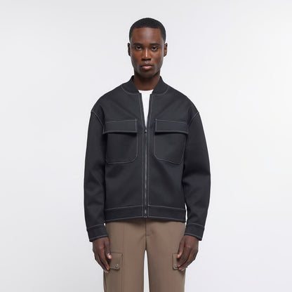 MENS JACKET BLACK REGULAR FIT ZIP UP HARRINGTON