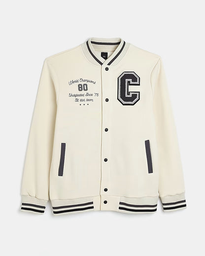 ECRU REGULAR FIT VARSITY BOMBER JACKET