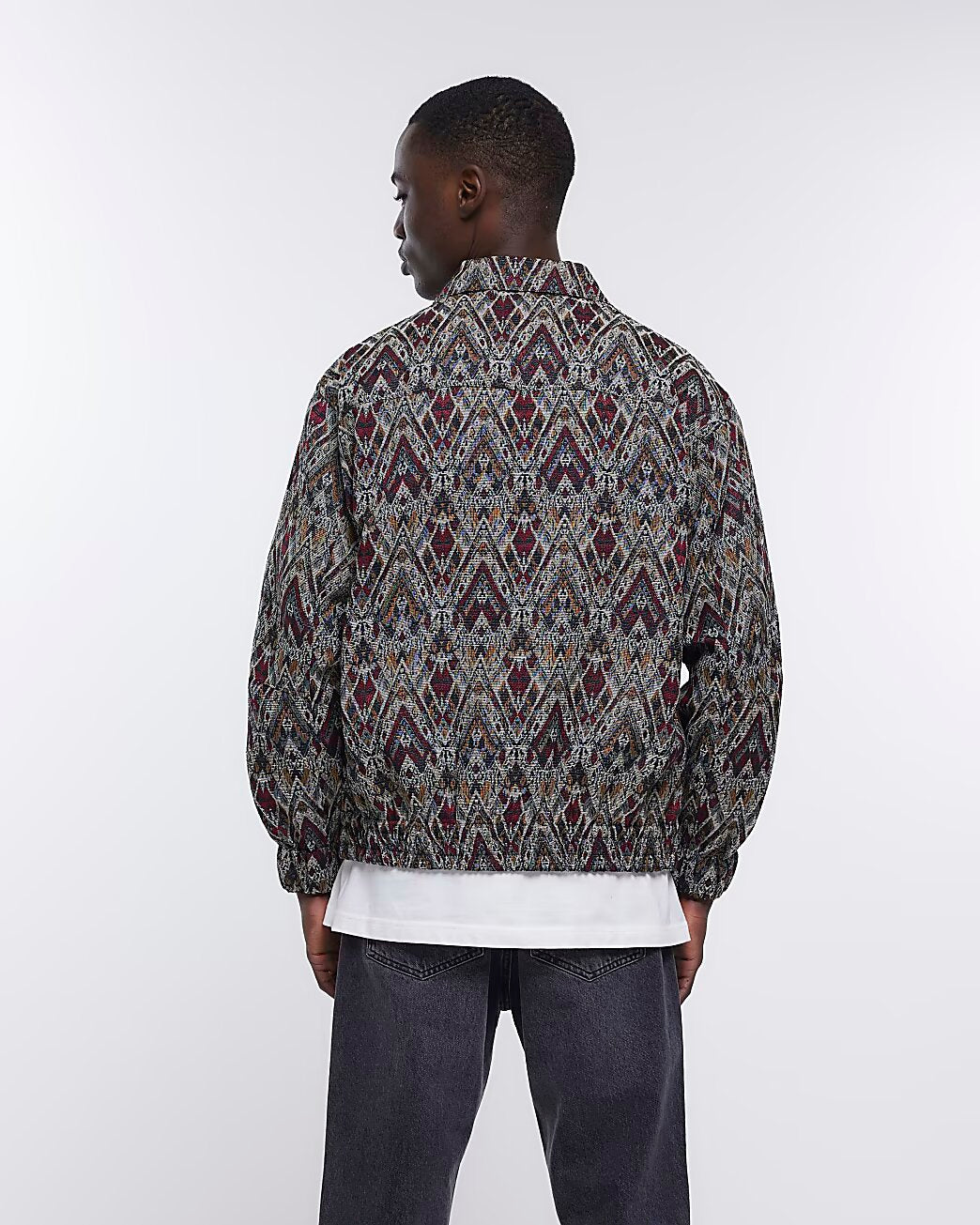 GREY REGULAR FIT AZTEC HARRINGTON JACKET