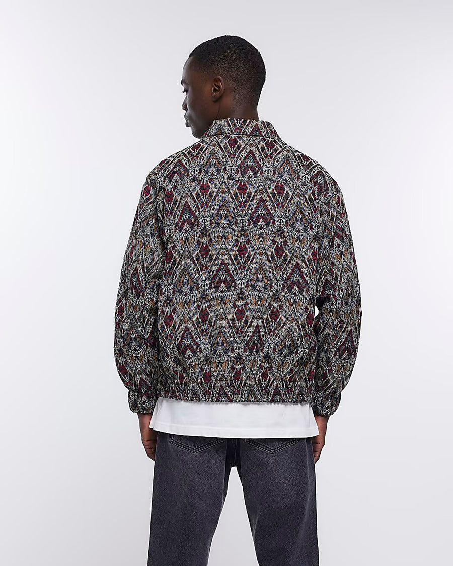 GREY REGULAR FIT AZTEC HARRINGTON JACKET