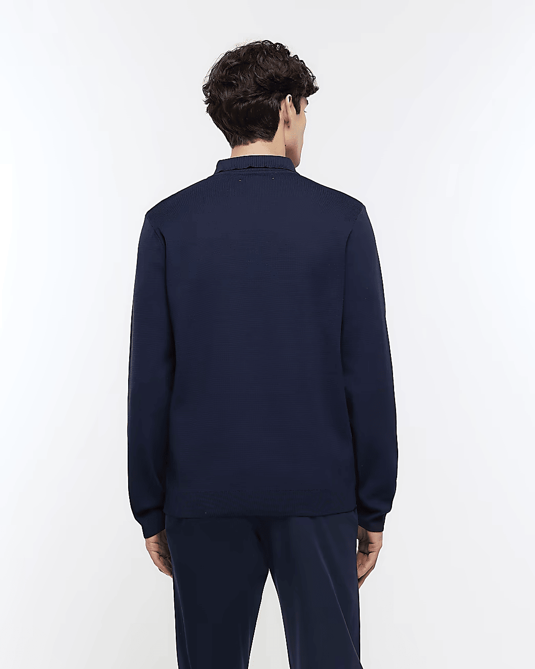 NAVY SLIM FIT KNITTED LONG SLEEVE POLO SHIRT
