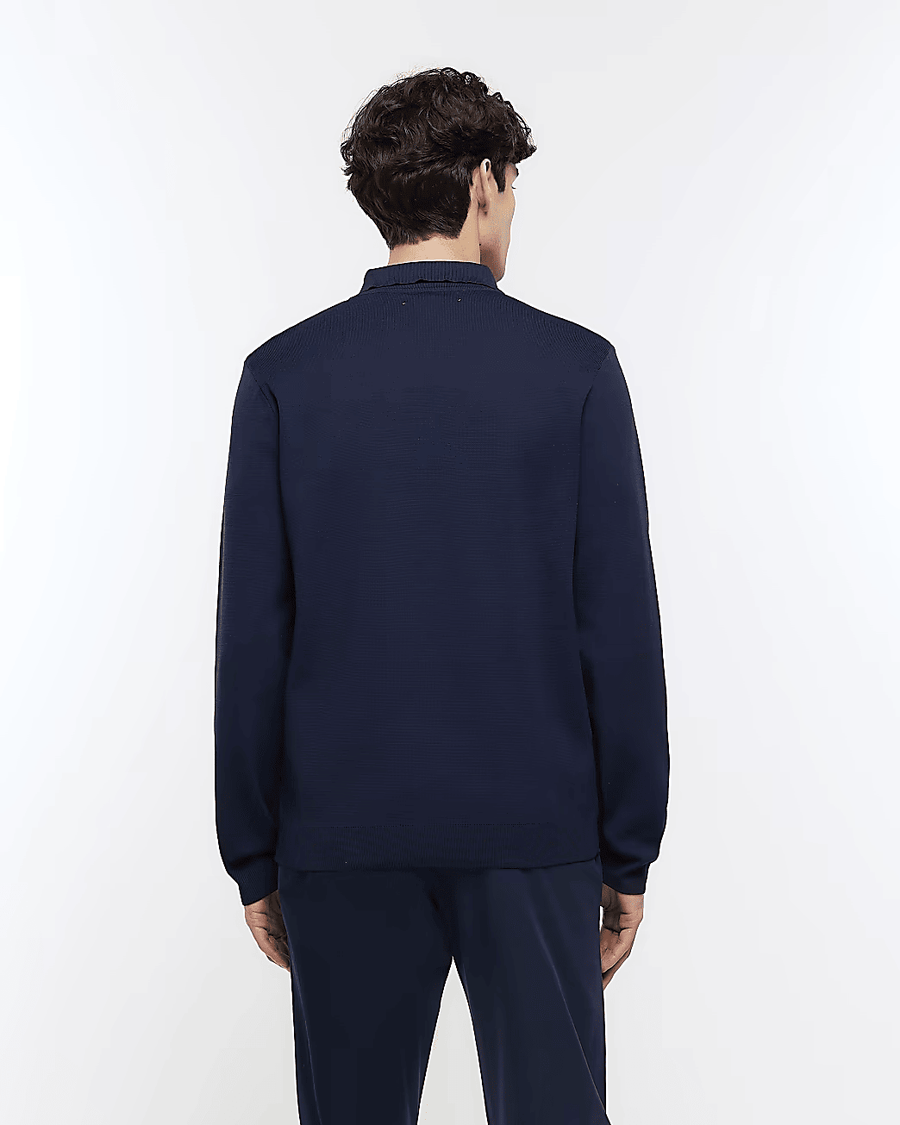 NAVY SLIM FIT KNITTED LONG SLEEVE POLO SHIRT