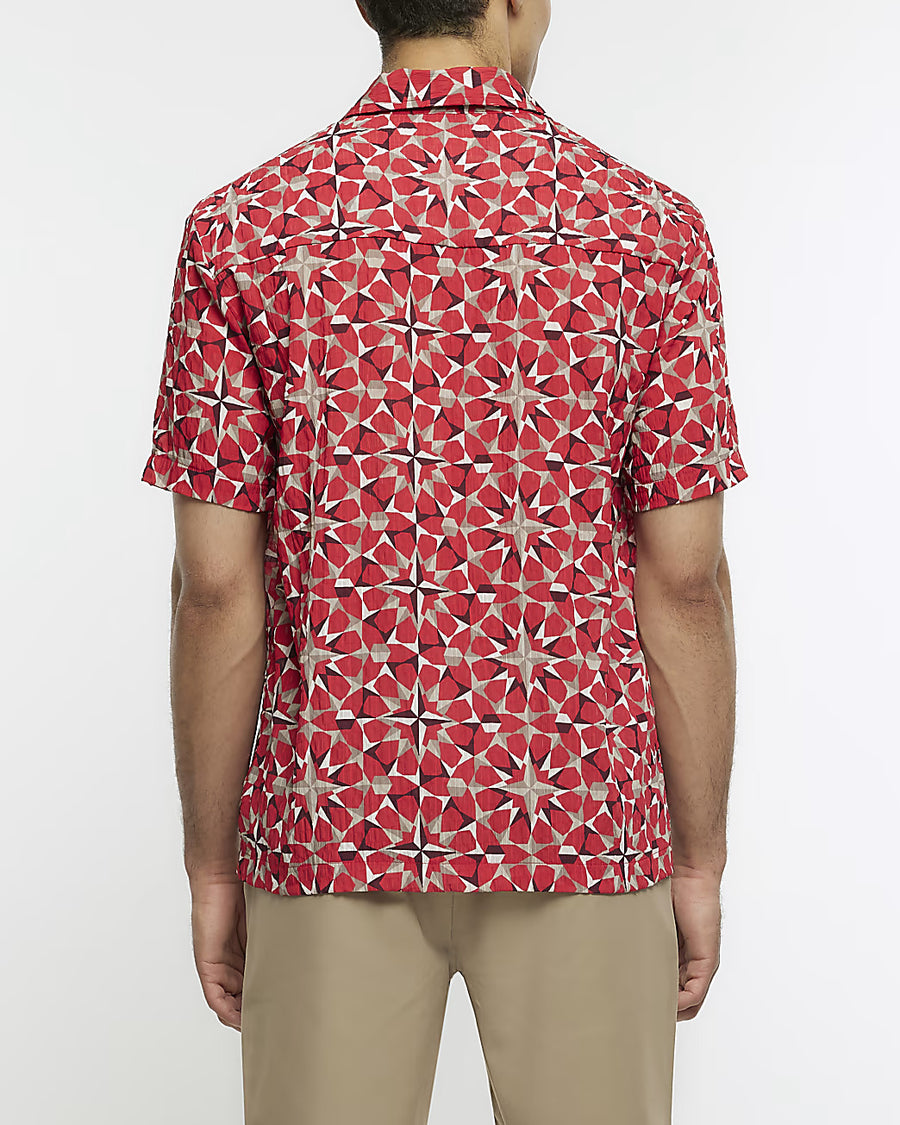 RED REGULAR FIT GEO PRINT TEXTURED SHIRT