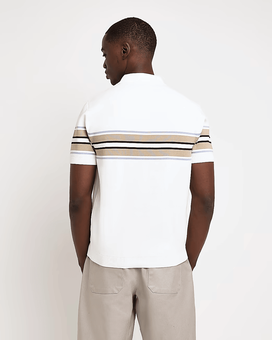 WHITE SLIM FIT STRIPE KNITTED POLO SHIRT