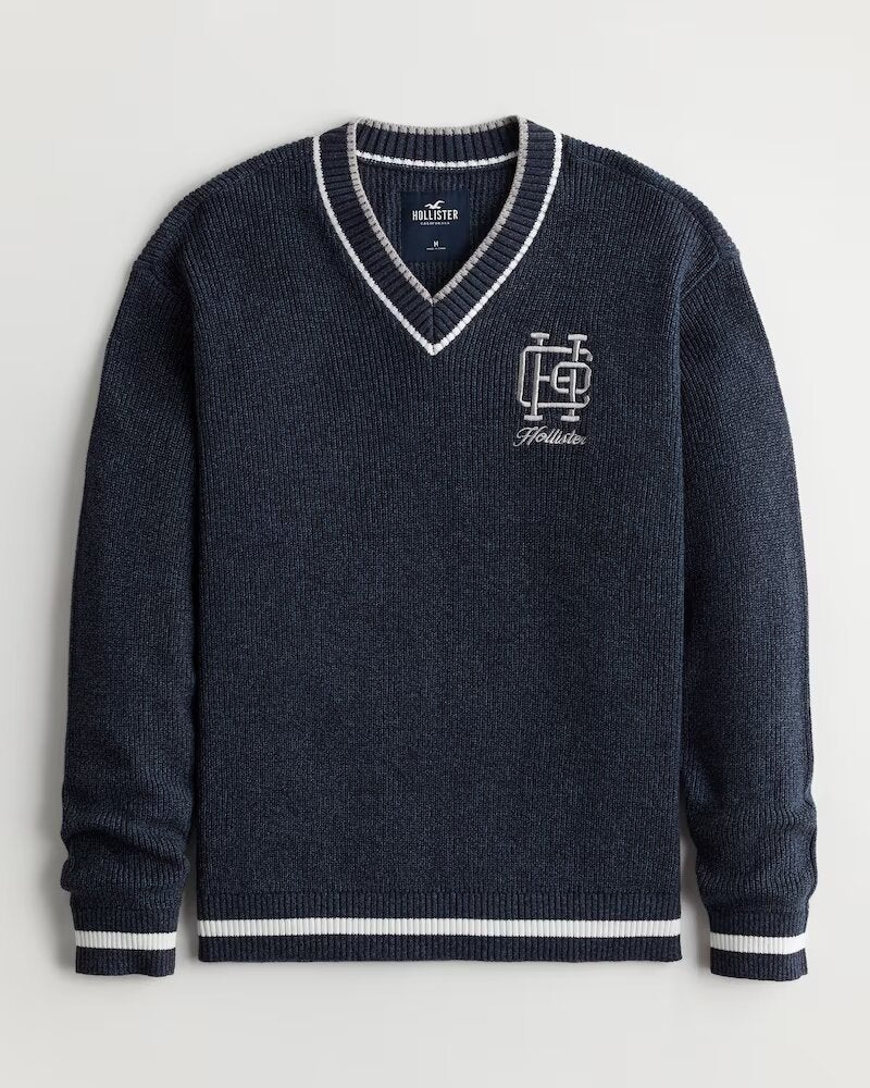 EMBROIDERED LOGO VARSITY V-NECK SWEATER