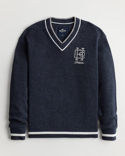 EMBROIDERED LOGO VARSITY V-NECK SWEATER
