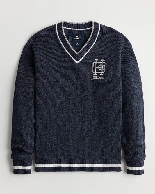 EMBROIDERED LOGO VARSITY V-NECK SWEATER